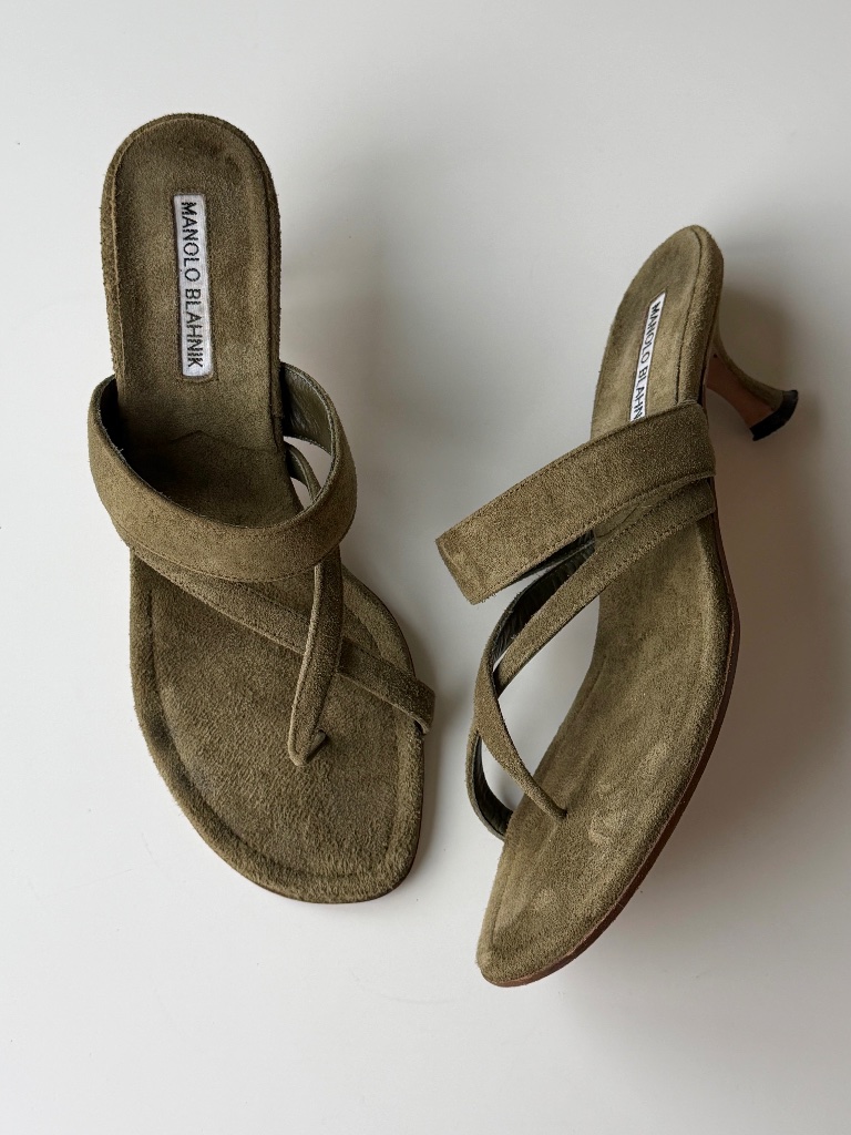 Vintage Manolo Blahnik Olive Suede Thong Sandals, It 37.5, Approx. Us 7